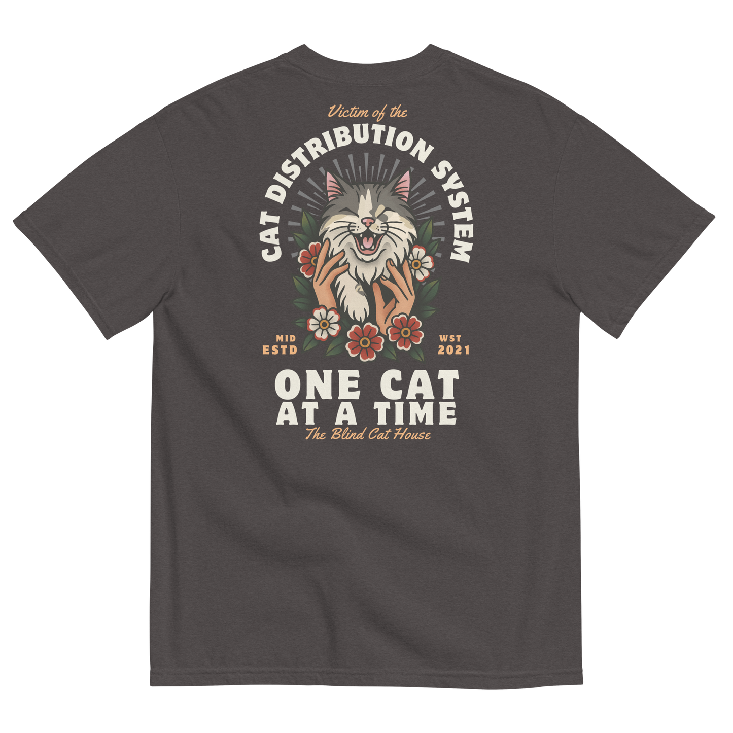 Back view of a charcoal gray short-sleeve T-shirt with a large illustrated cat and floral design reading “One Cat at a Time – The Blind Cat House.”