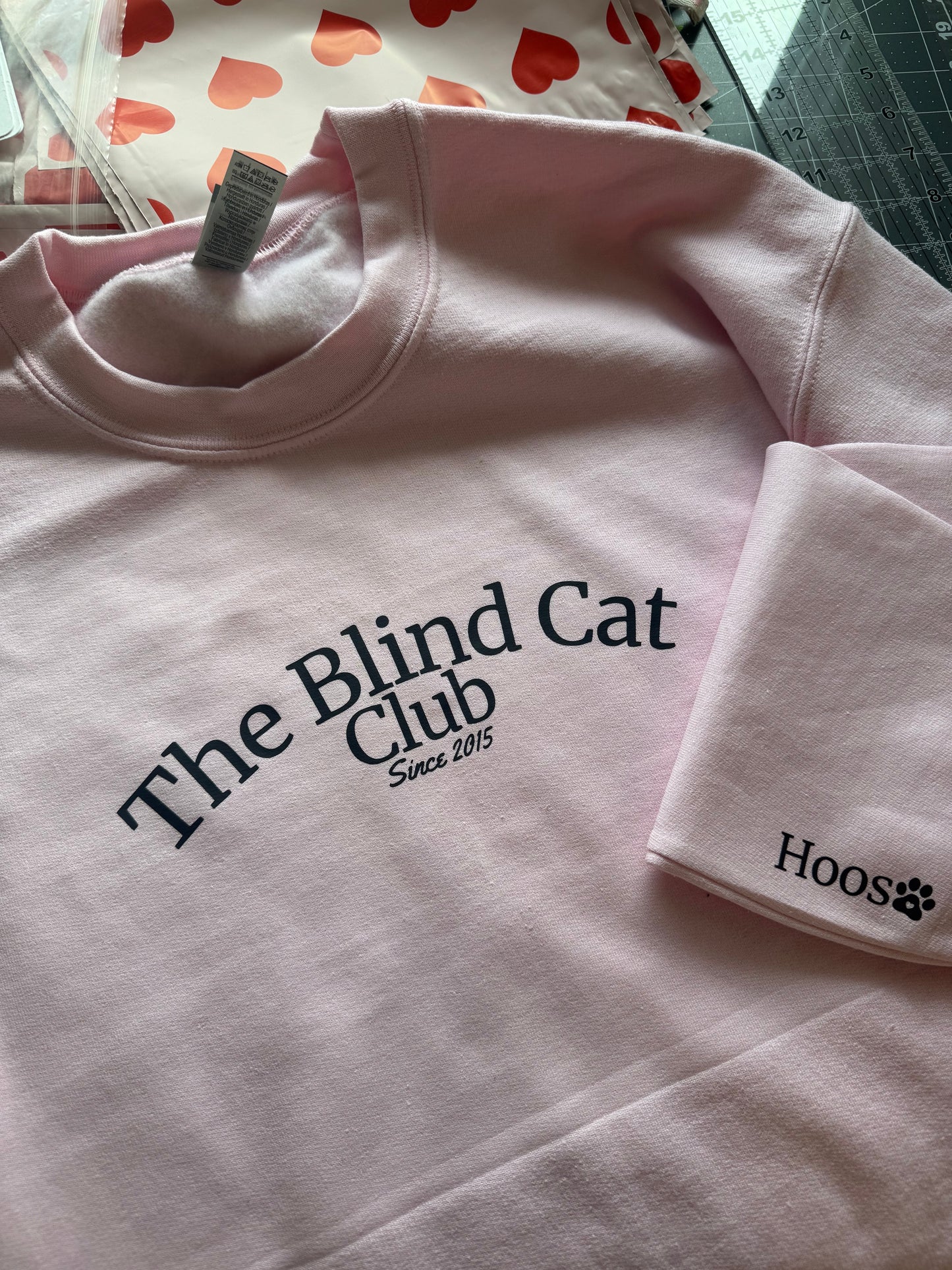 Pink crewneck sweatshirt with personalized cat name sleeve example laid out on table