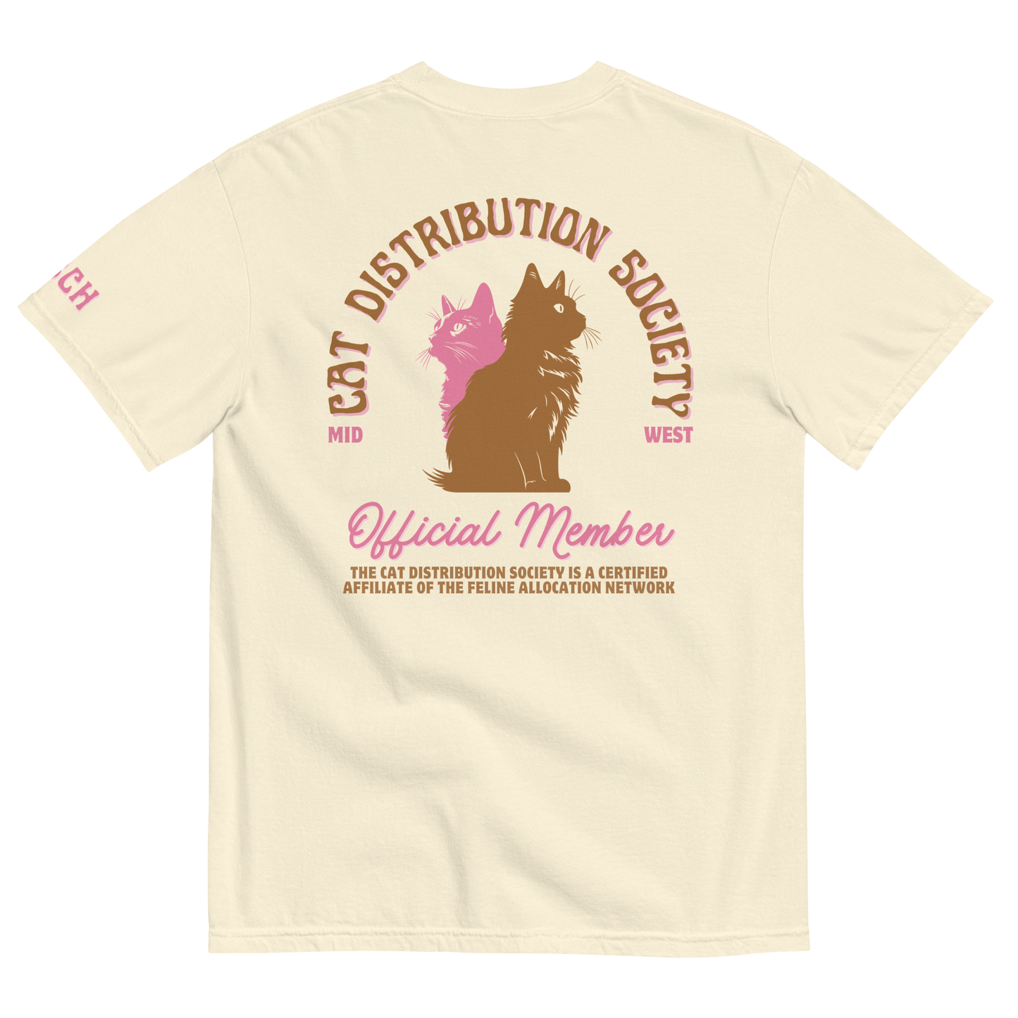 Back view of an ivory short-sleeve T-shirt with two cats illustrated back-to-back and text reading “Cat Distribution Society Official Member.”