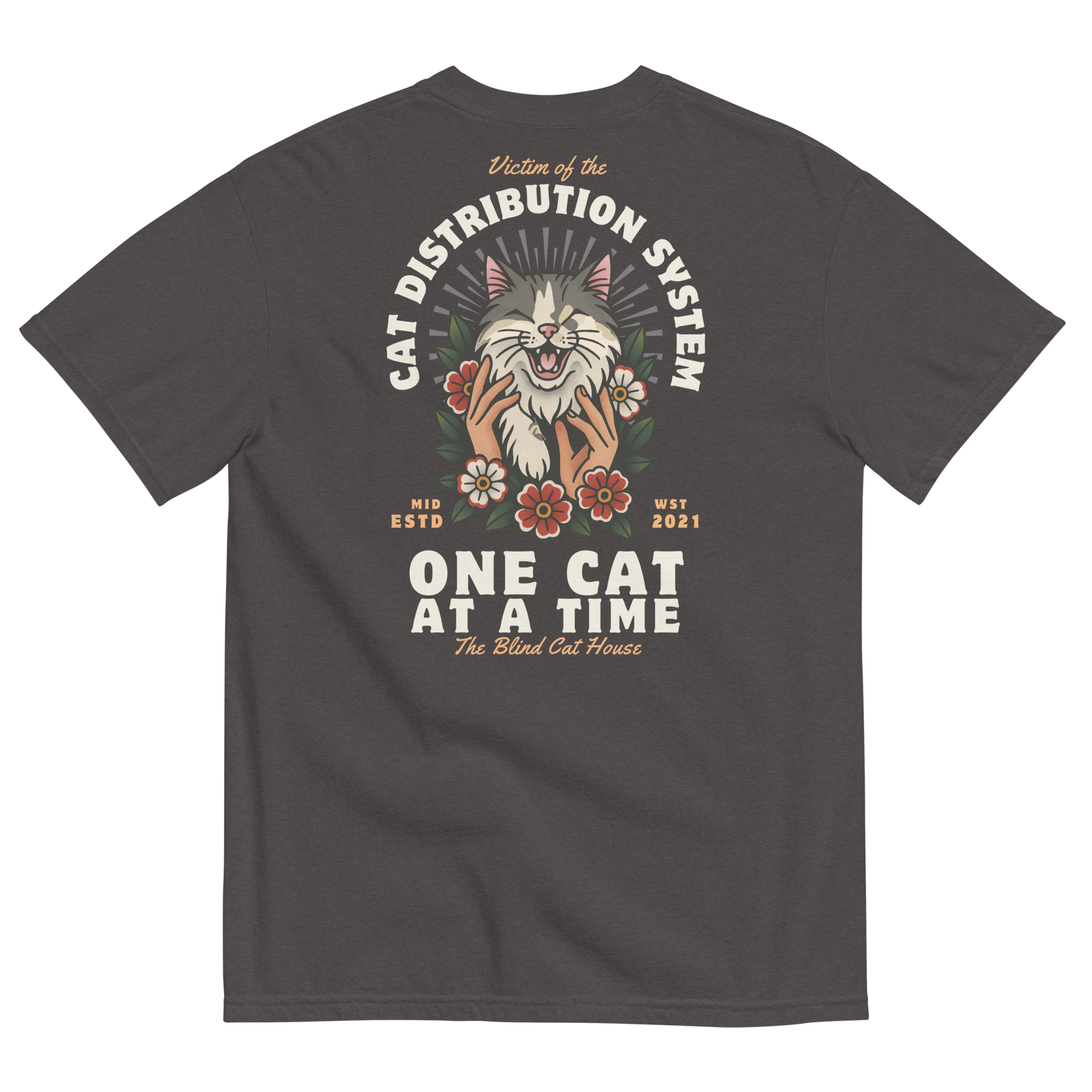 Back view of a charcoal gray short-sleeve T-shirt with a large illustrated cat and floral design reading “One Cat at a Time – The Blind Cat House.”