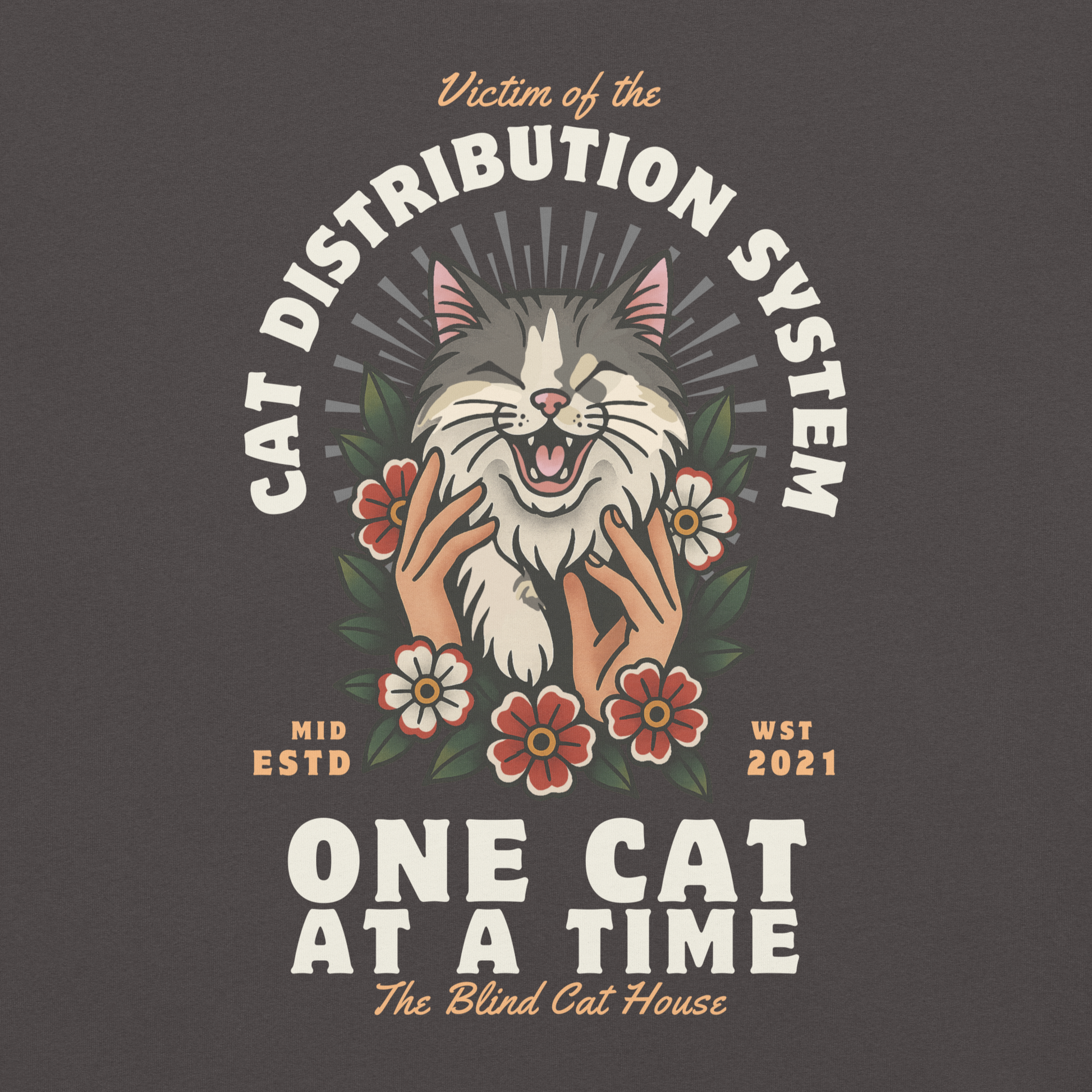 Close-up of the back graphic on a charcoal gray T-shirt featuring an American Traditional style drawn meowing cat, flowers, and text reading “Victim of the Cat Distribution System” and “One Cat at a Time.”