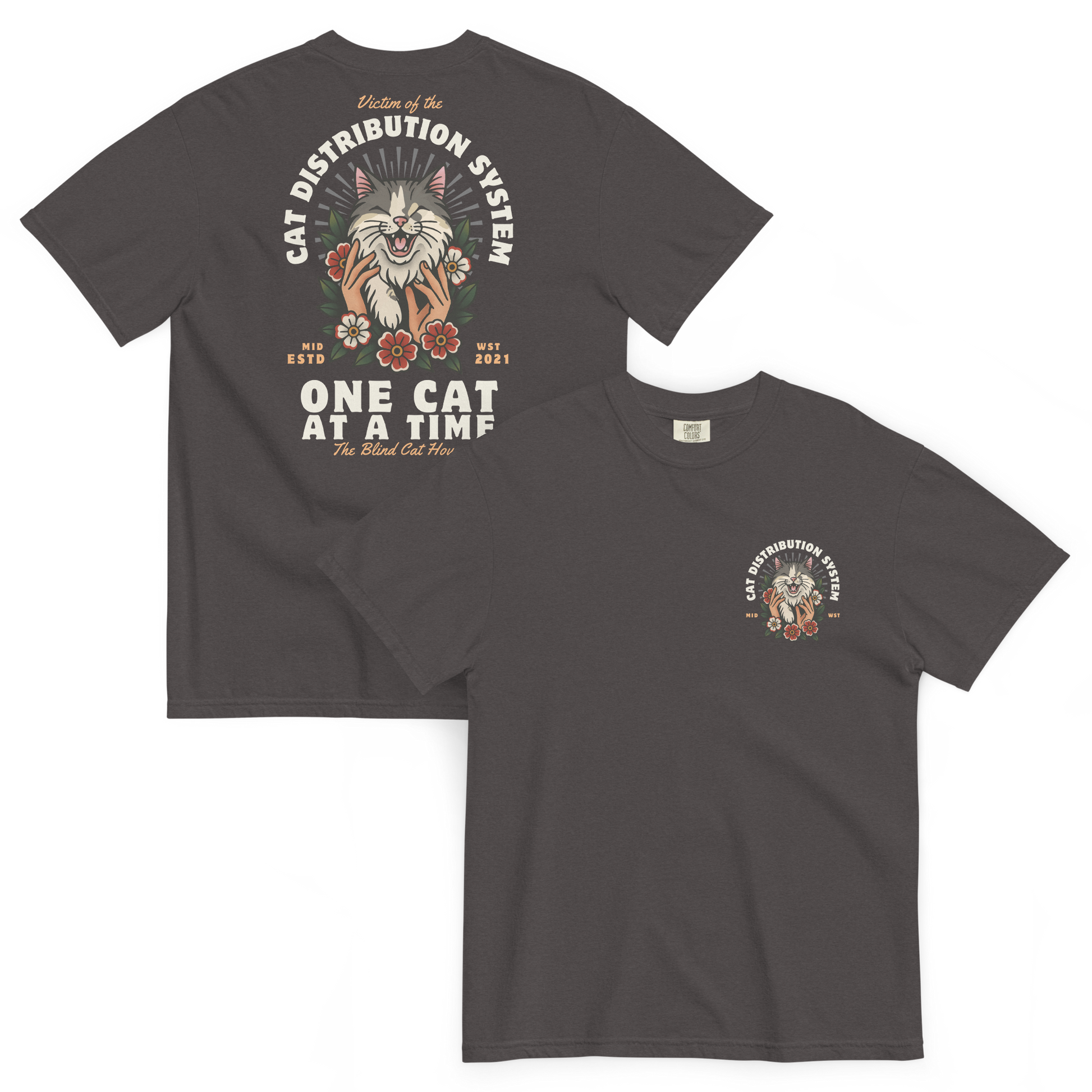 Front and back view of a charcoal gray T-shirt showing a small chest graphic on the front and a large illustrated design on the back.