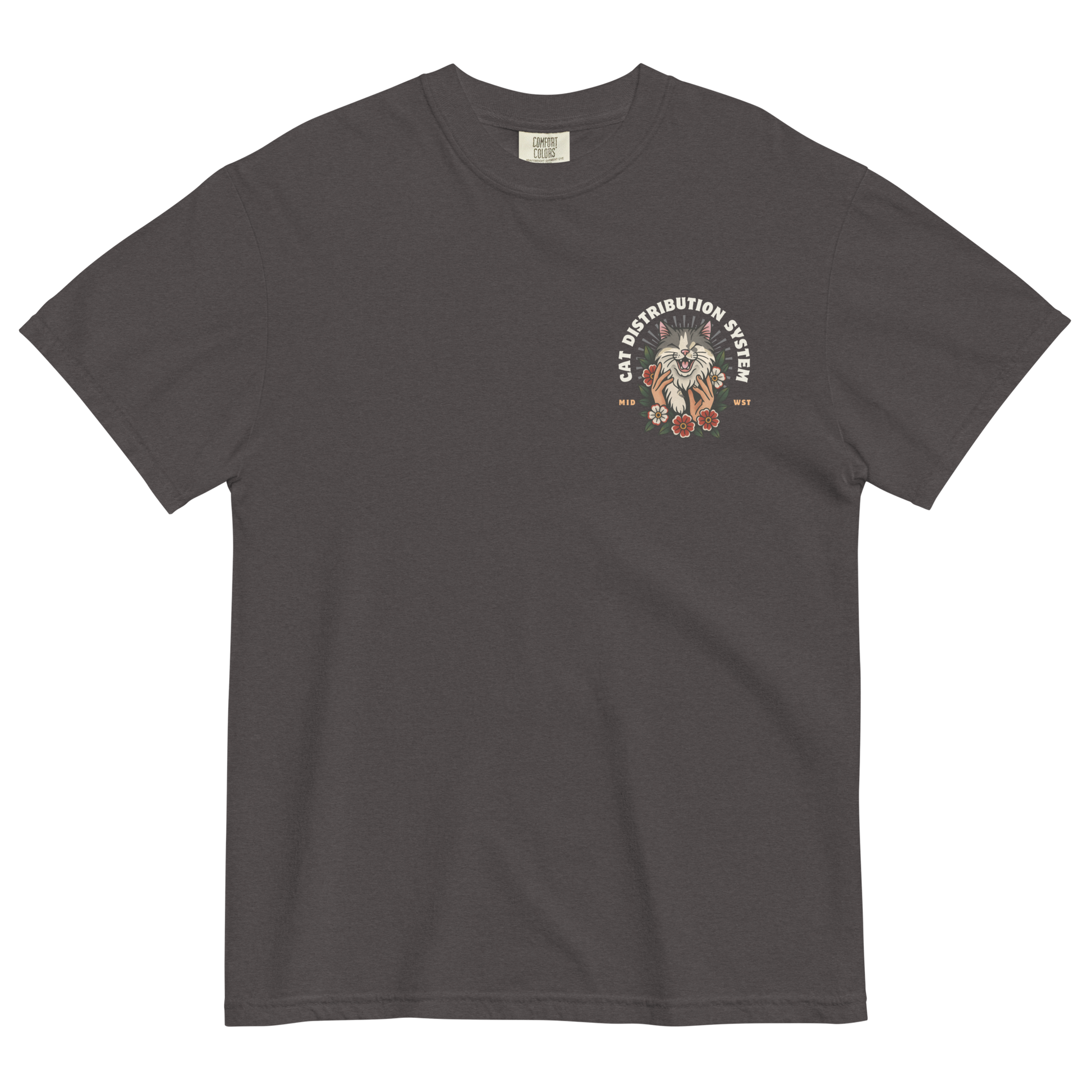 Front view of a charcoal gray short-sleeve T-shirt with a small “Cat Distribution System” graphic on the left chest.