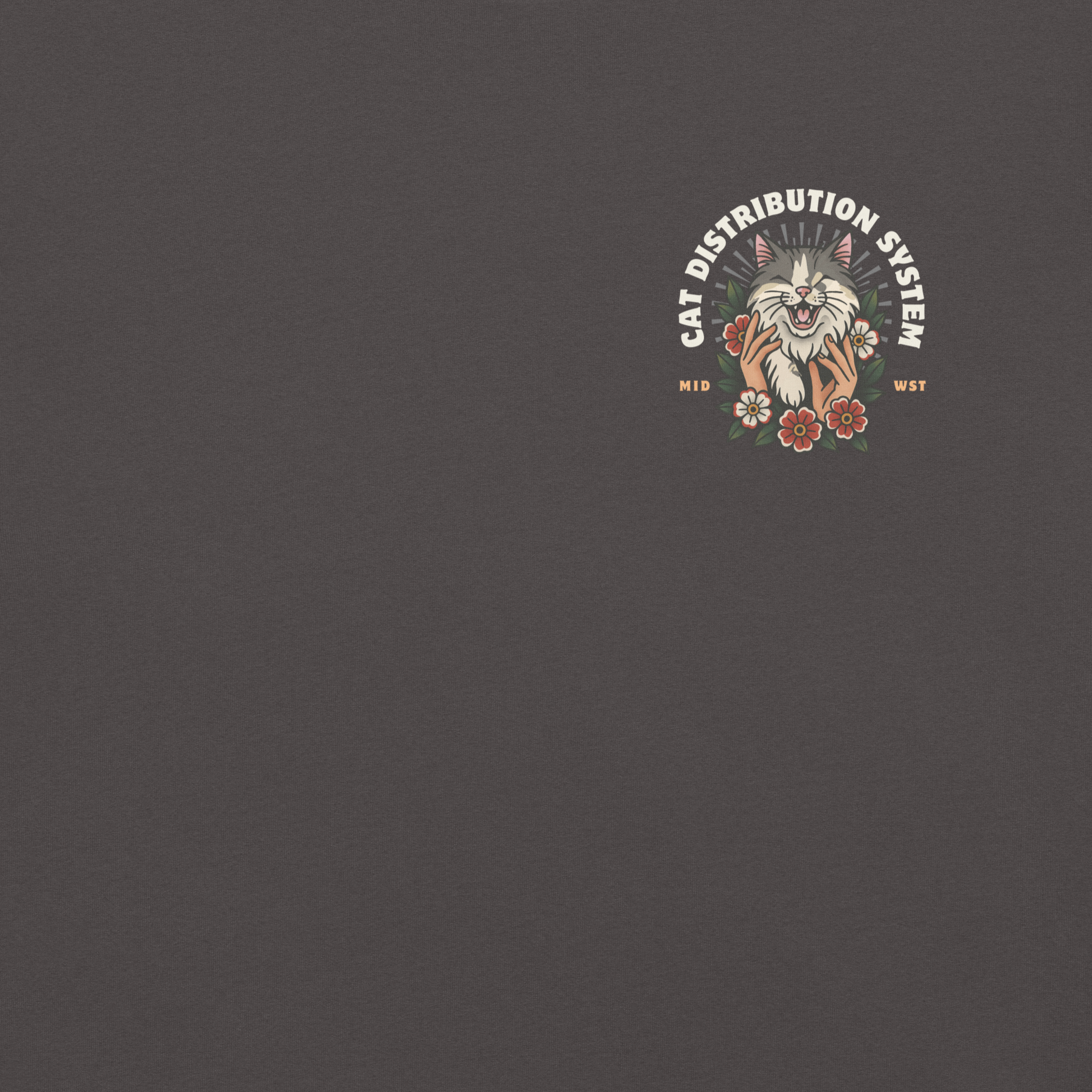 Charcoal gray fabric background with a small American traditional style chest graphic reading “Cat Distribution System” featuring a meowing cat (Archie) surrounded by flowers. Small "Mid" and "Wst" on either side 