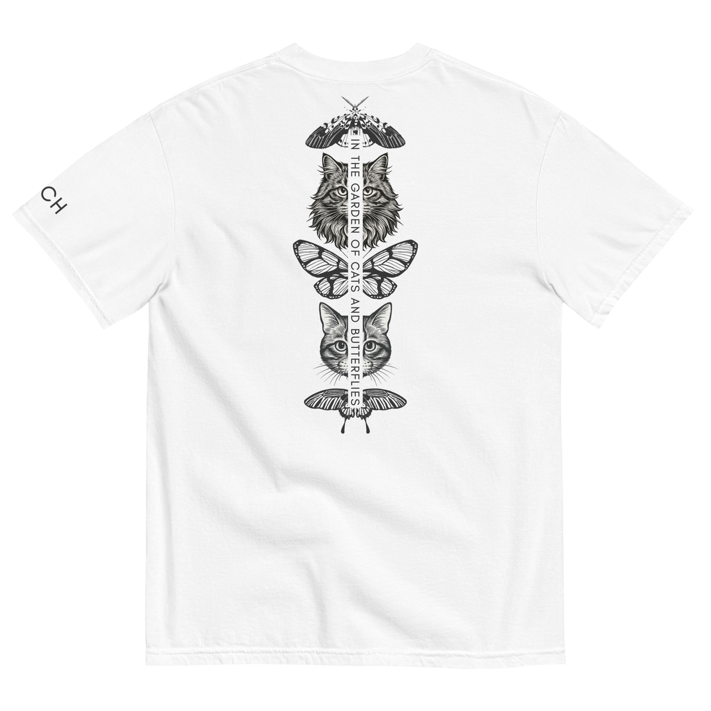 White t-shirt with black cat and butterfly design along the center from neckline to mid-back