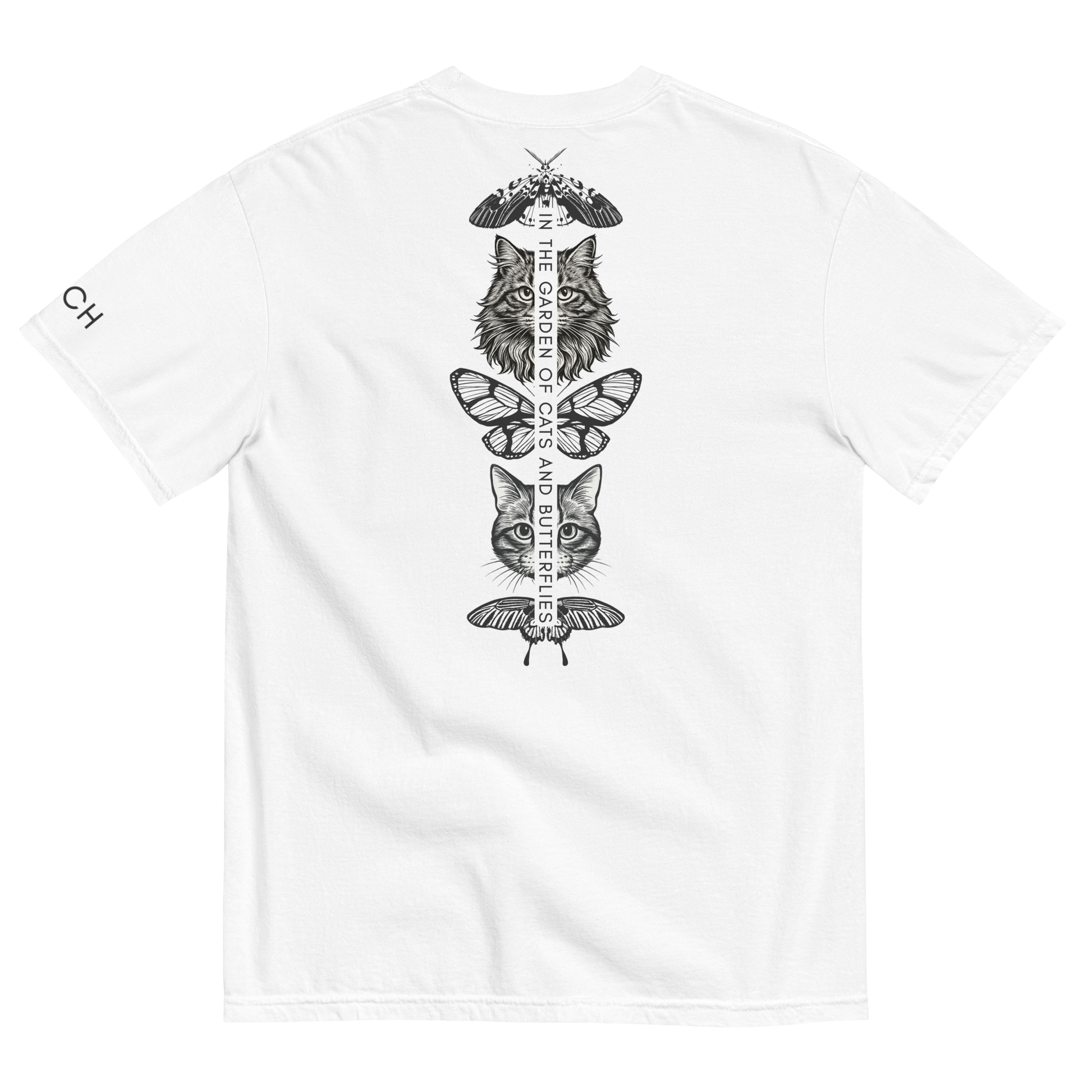 White t-shirt with black cat and butterfly design along the center from neckline to mid-back