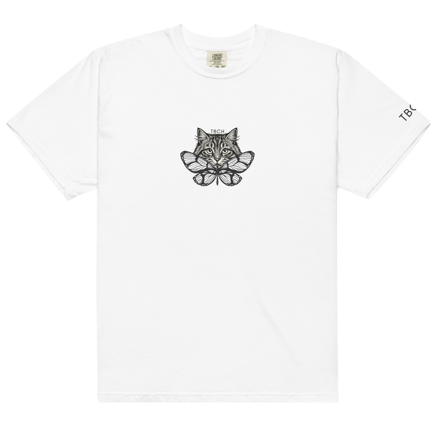 White t-shirt with a cat and butterfly design centered on the chest