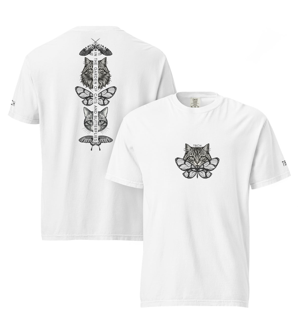 White t-shirt with a long haired black cat and butterfly design in the central front chest and mid back, along with TBCH in plain black text on the left shoulder