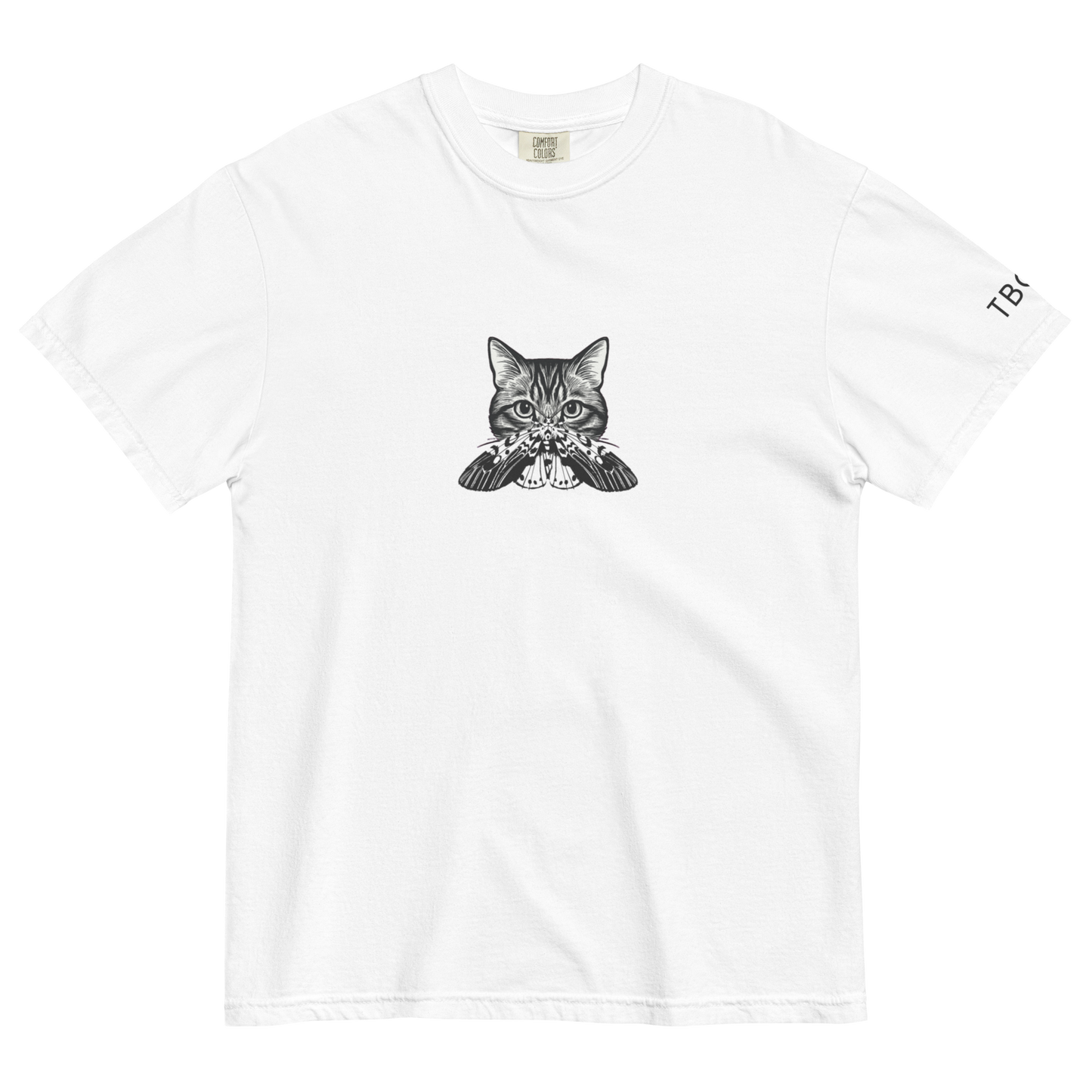 White t-shirt with a graphic of a cat and butterfly design centered on the chest