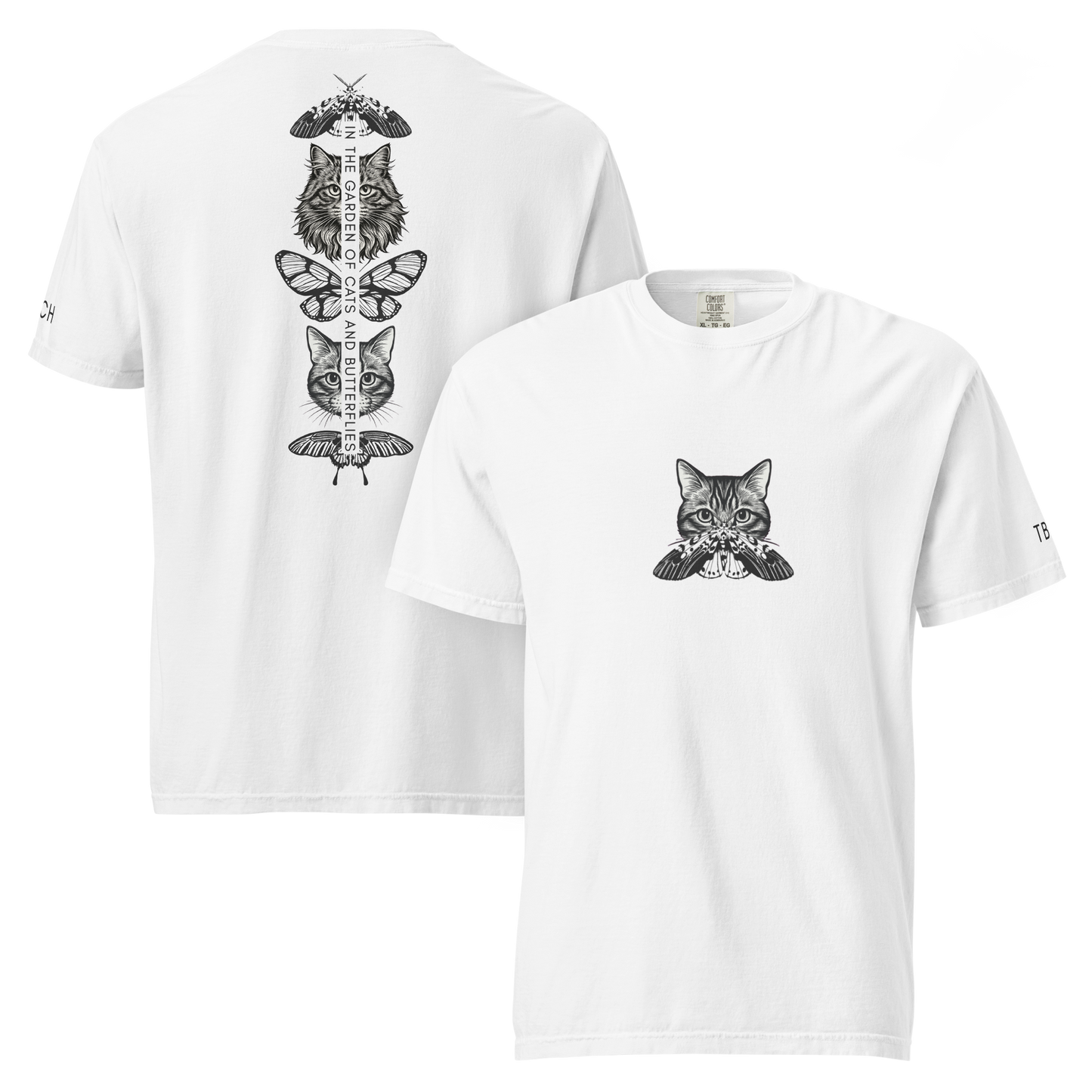 White t-shirt with black short haired cat and butterfly design in the central front chest and mid back, along with TBCH in plain black text on the left shoulder