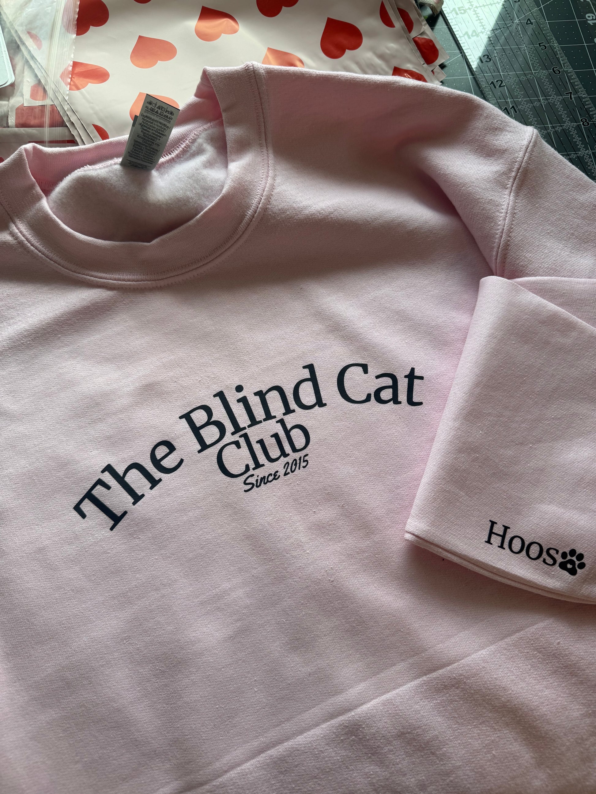 Pink crewneck sweatshirt with personalized cat name sleeve example laid out on table 