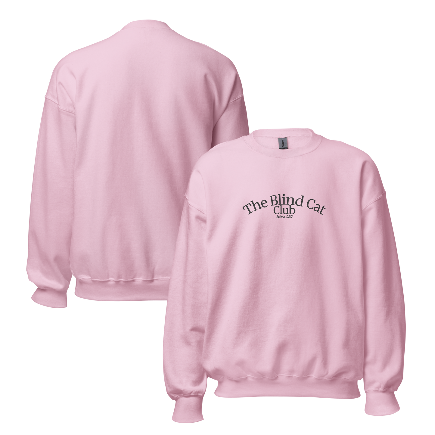 Light pink crewneck sweatshirt shown front and back. From features 'The Blind Cat Club' logo printed on the center chest, back is blank. 