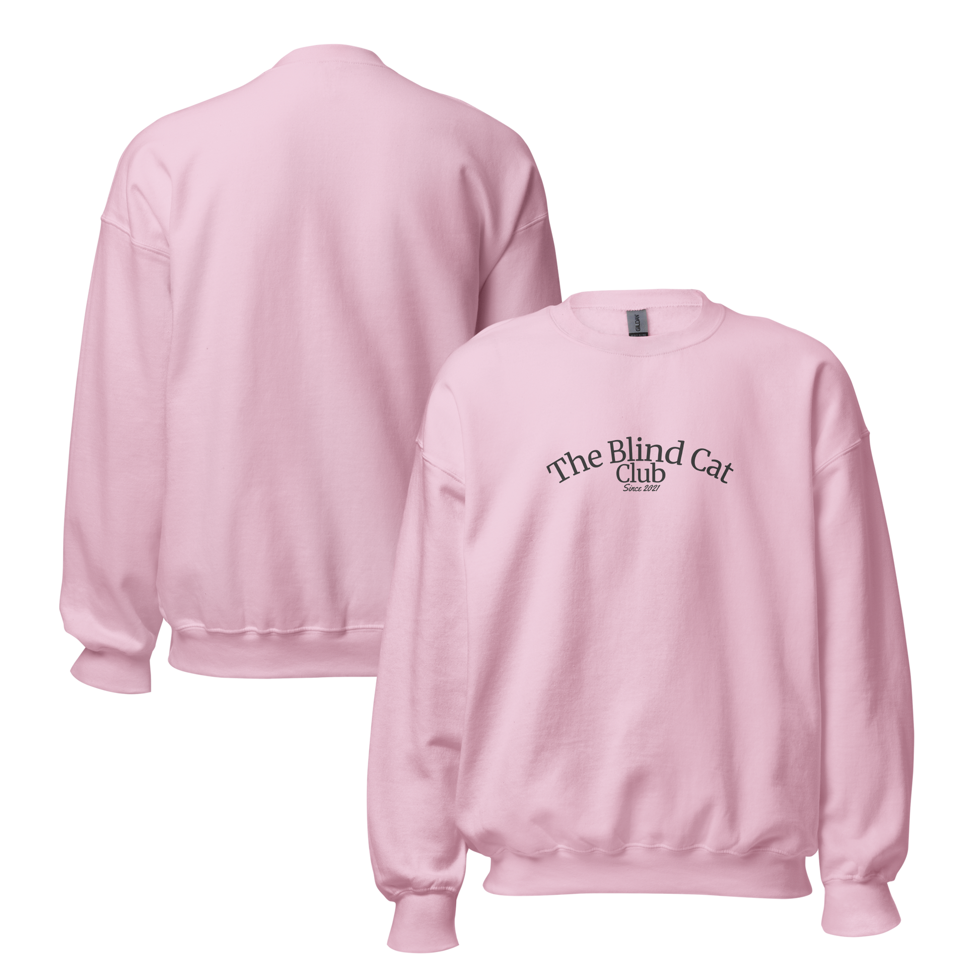 Light pink crewneck sweatshirt shown front and back. From features 'The Blind Cat Club' logo printed on the center chest, back is blank. 