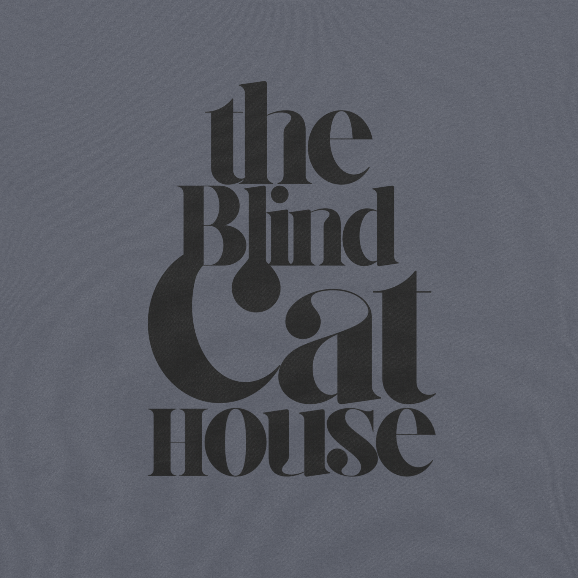 Vintage-style typography text reading 'the Blind Cat House' on a denim colored fabric background