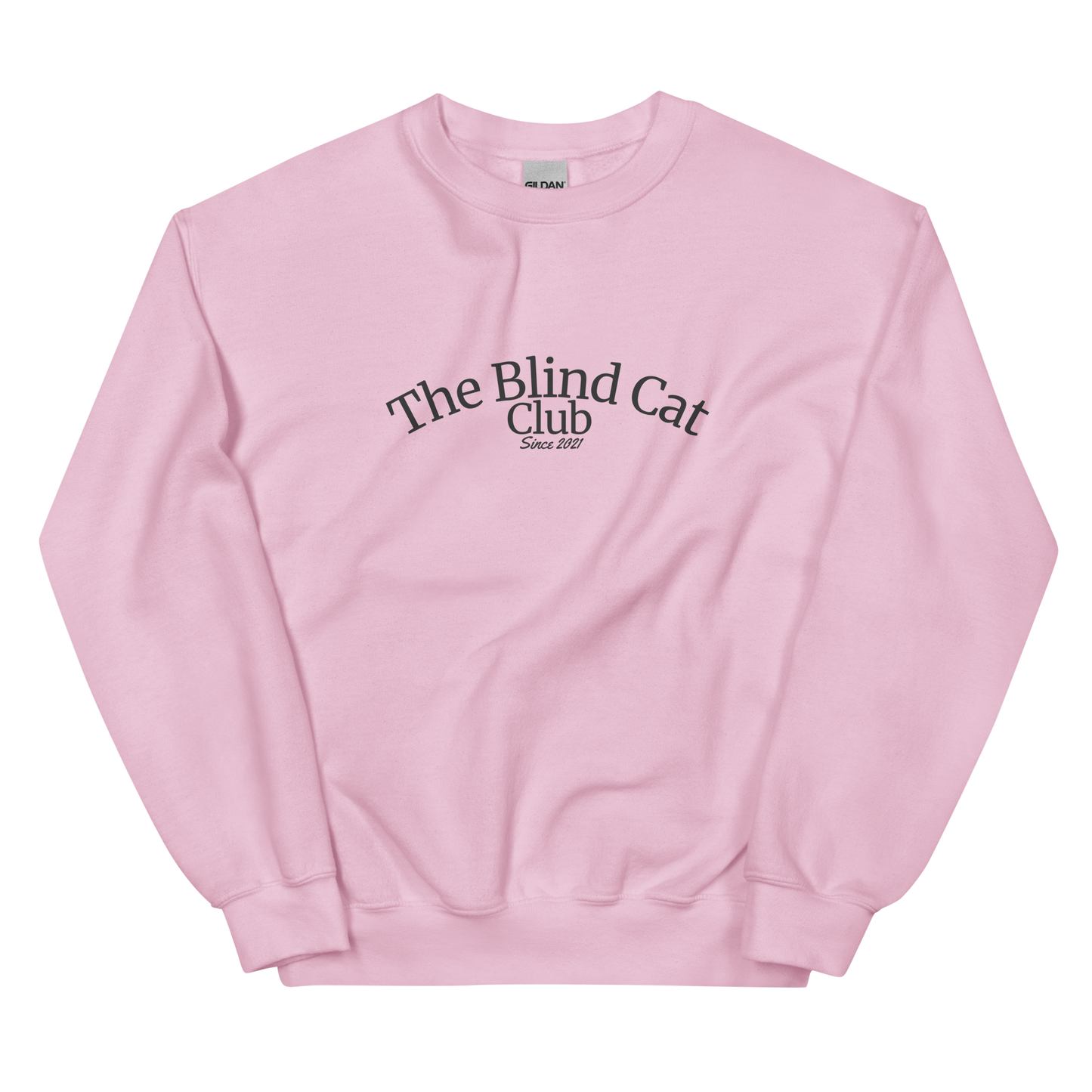 Pink sweatshirt with 'The Blind Cat Club' text on a white background
