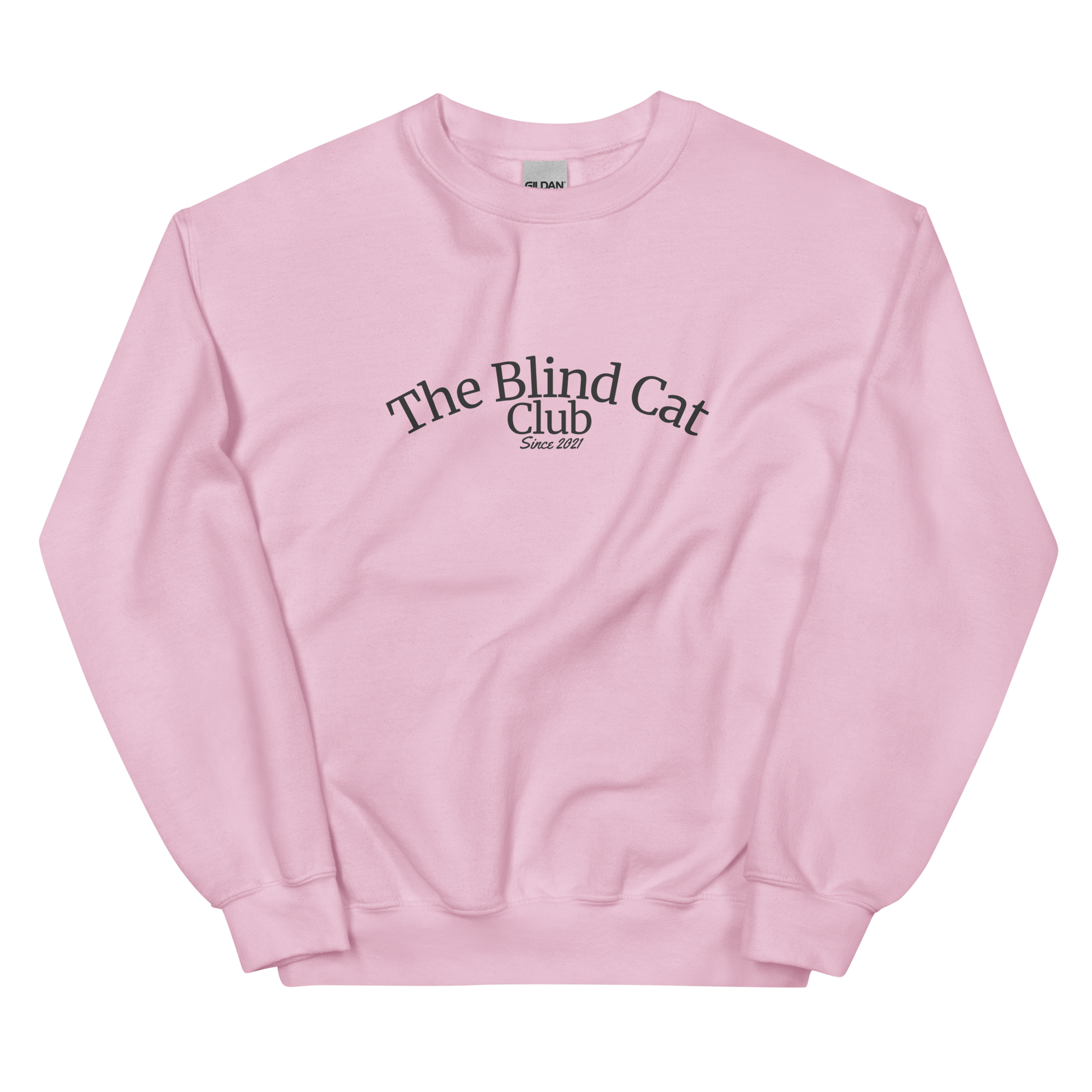 Pink sweatshirt with 'The Blind Cat Club' text on a white background