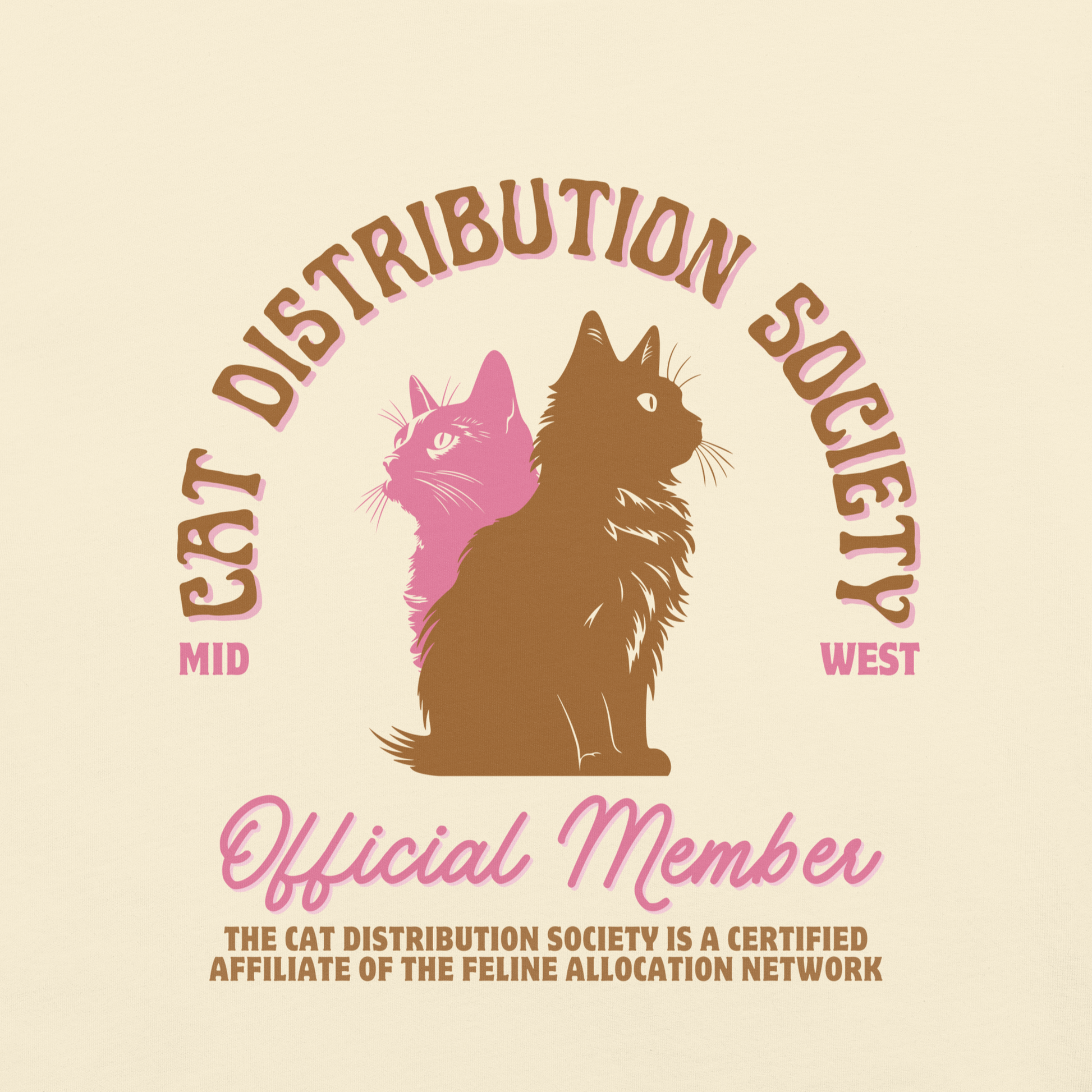 Close-up of the back graphic showing two cats back-to-back with “Cat Distribution Society Official Member” text.