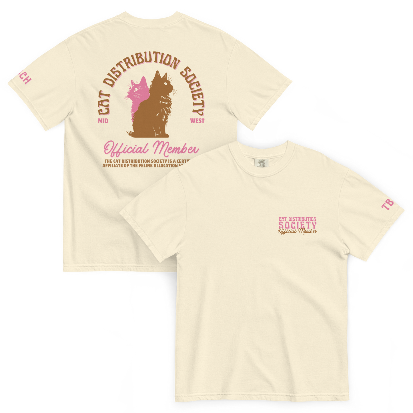 Front and back view of an ivory T-shirt with small chest text on the front and a large cat illustration on the back.