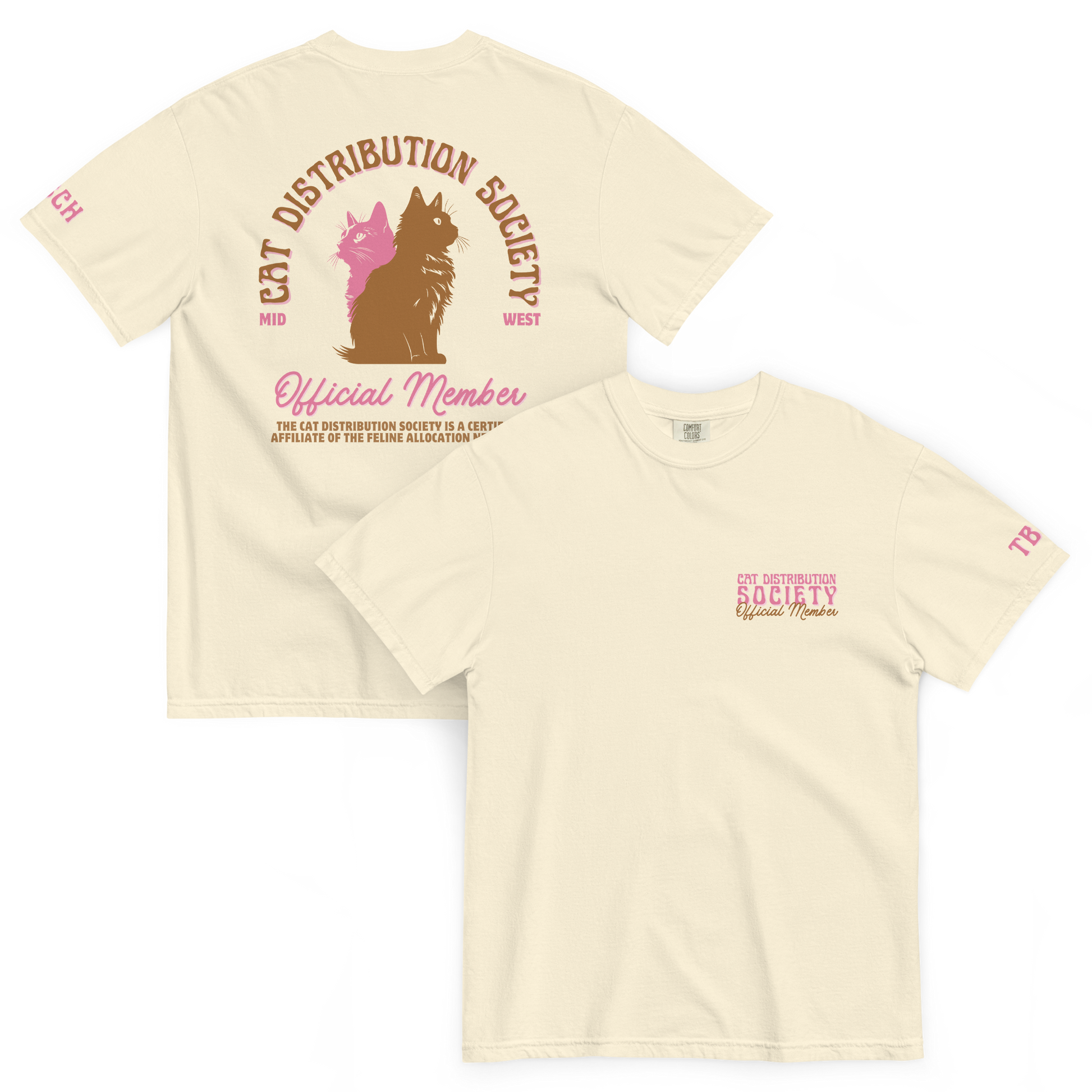 Front and back view of an ivory T-shirt with small chest text on the front and a large cat illustration on the back.