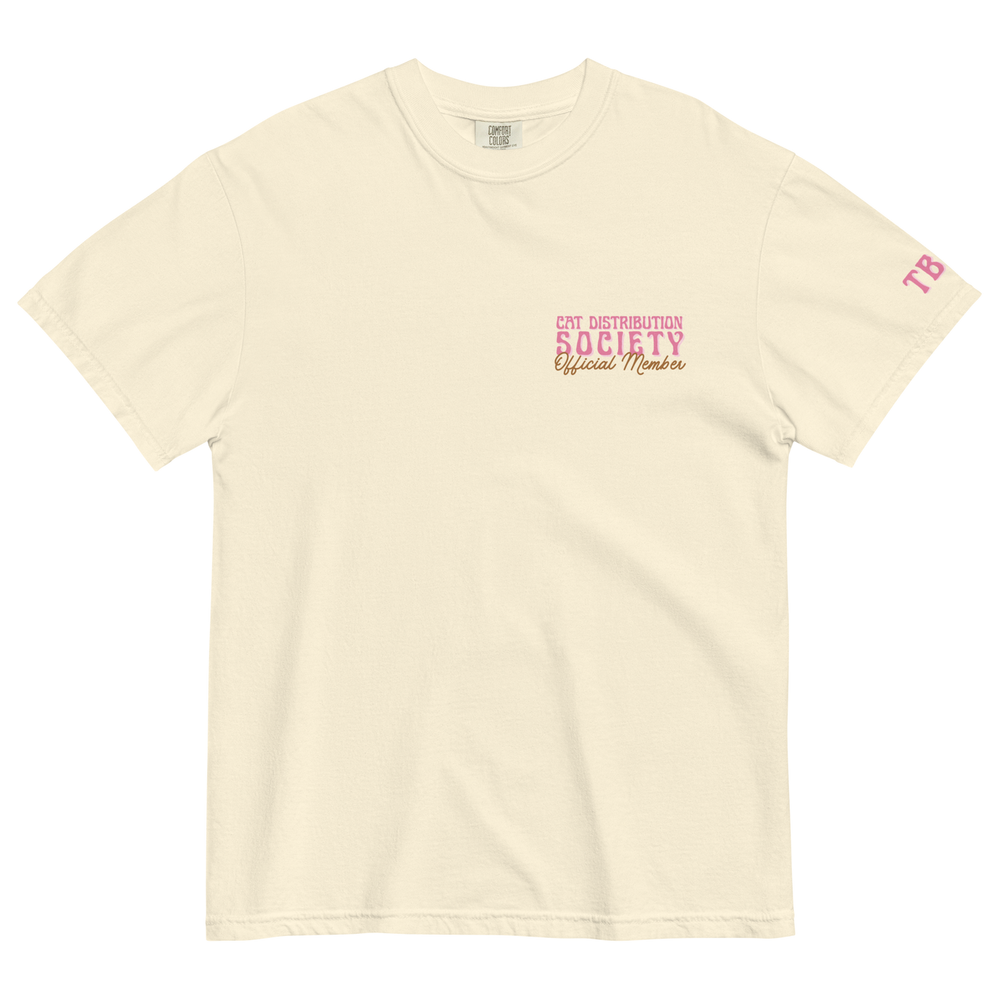 Front view of an ivory short-sleeve T-shirt with small chest text reading “Cat Distribution Society Official Member.”