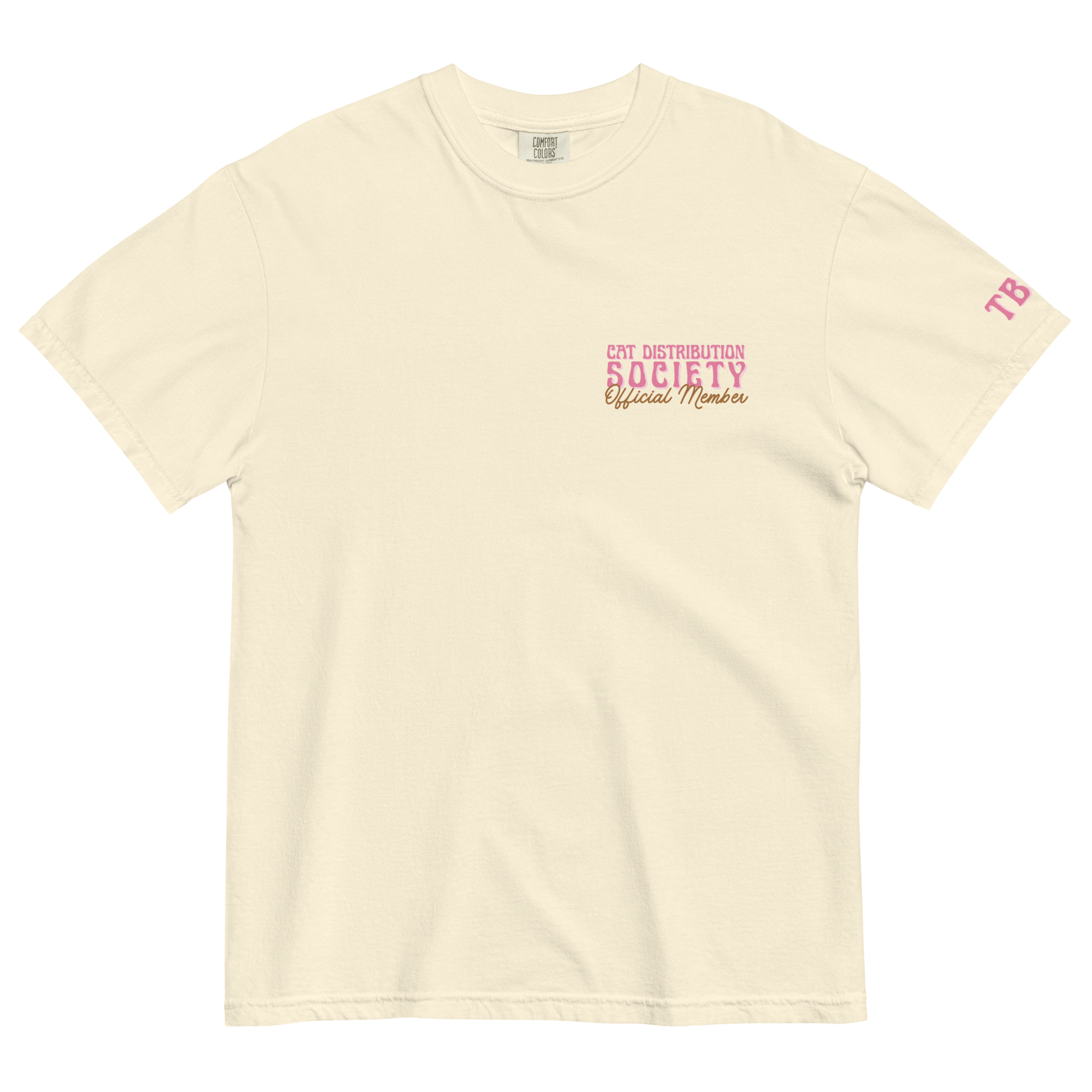 Front view of an ivory short-sleeve T-shirt with small chest text reading “Cat Distribution Society Official Member.”