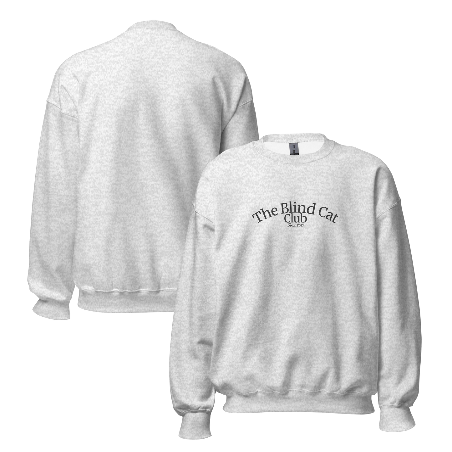 Light ash gray crewneck sweatshirt shown front and and back. From features 'The Blind Cat Club' logo printed on the center chest, back is blank. 