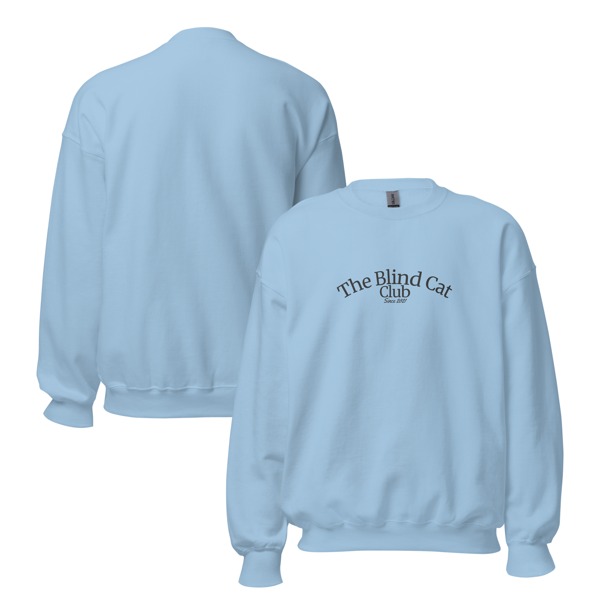 Light blue crewneck sweatshirt shown front and back. From features 'The Blind Cat Club' logo printed on the center chest, back is blank. 