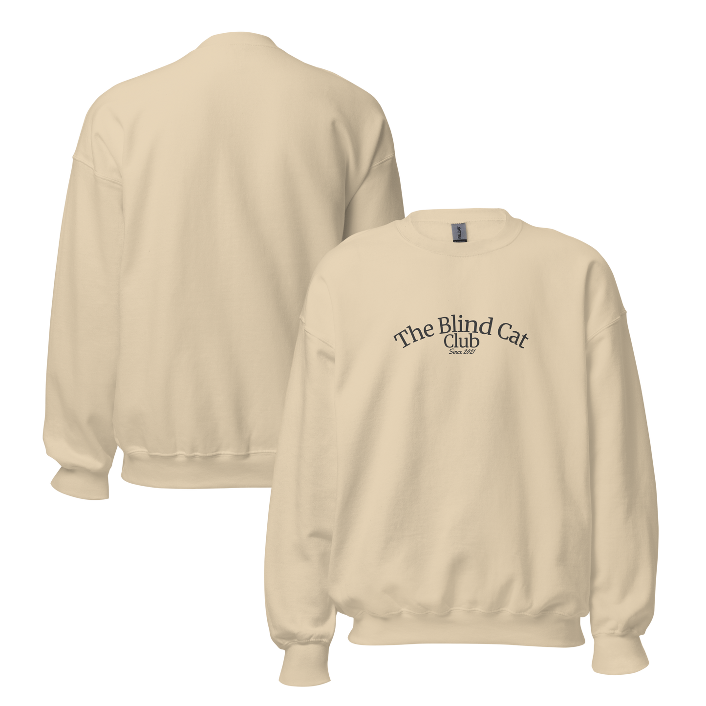 Sand colored crewneck sweatshirt shown front and back. From features 'The Blind Cat Club' logo printed on the center chest, back is blank. 